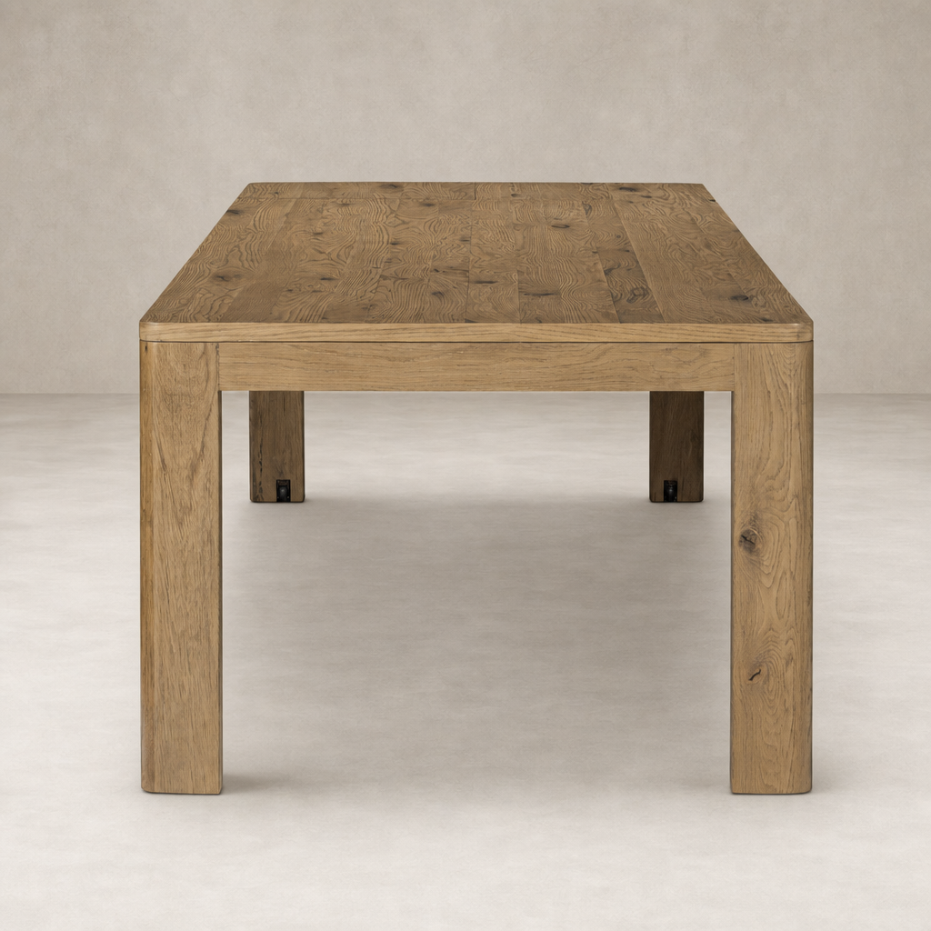 Stratton Extension Dining Table in Resawn Worn Oak with a sleek, modern design.