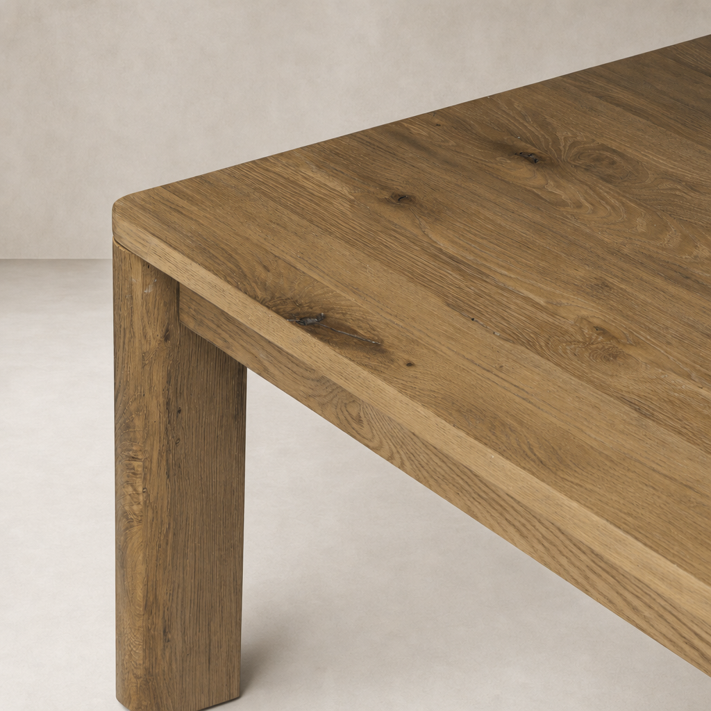 Stratton Extension Dining Table in Resawn Worn Oak showcasing a rustic finish and sturdy legs.