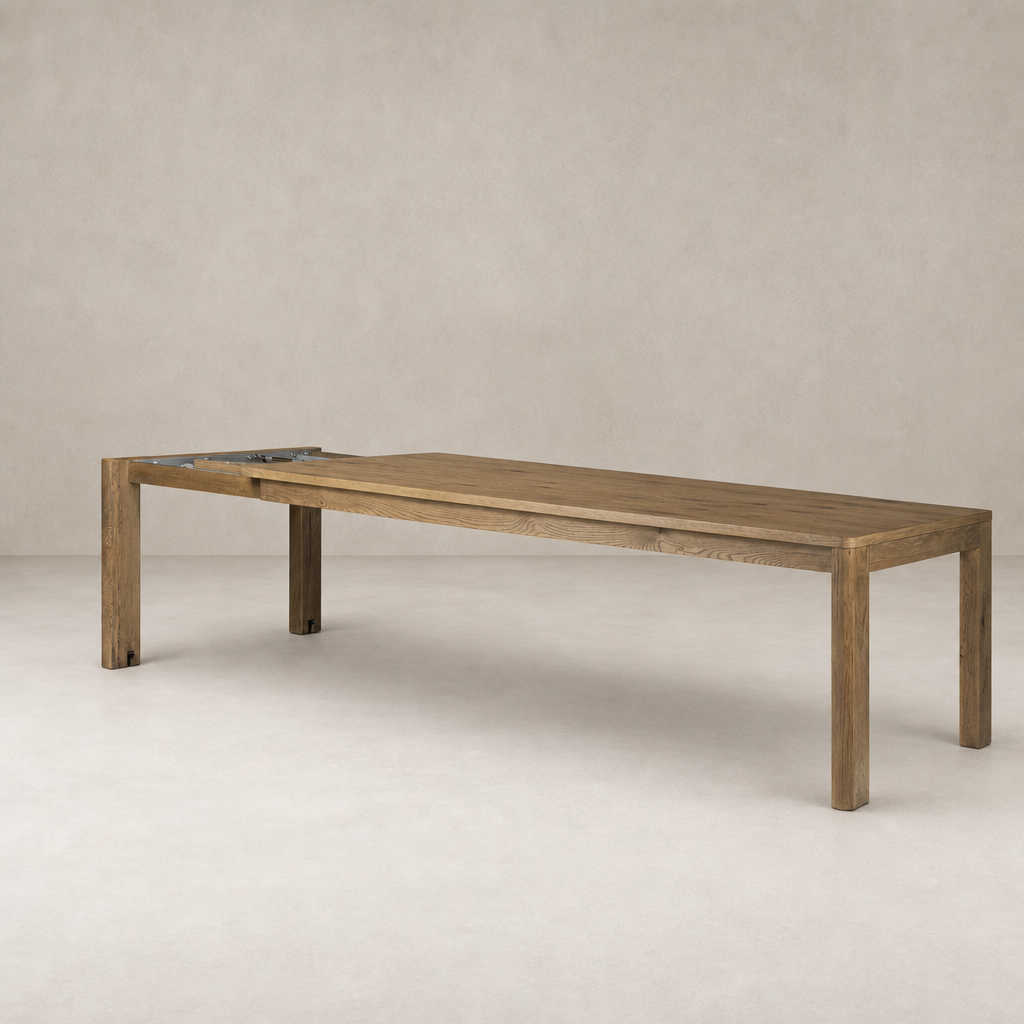 Stratton Extension Dining Table in resawn worn oak with a sleek, modern design.