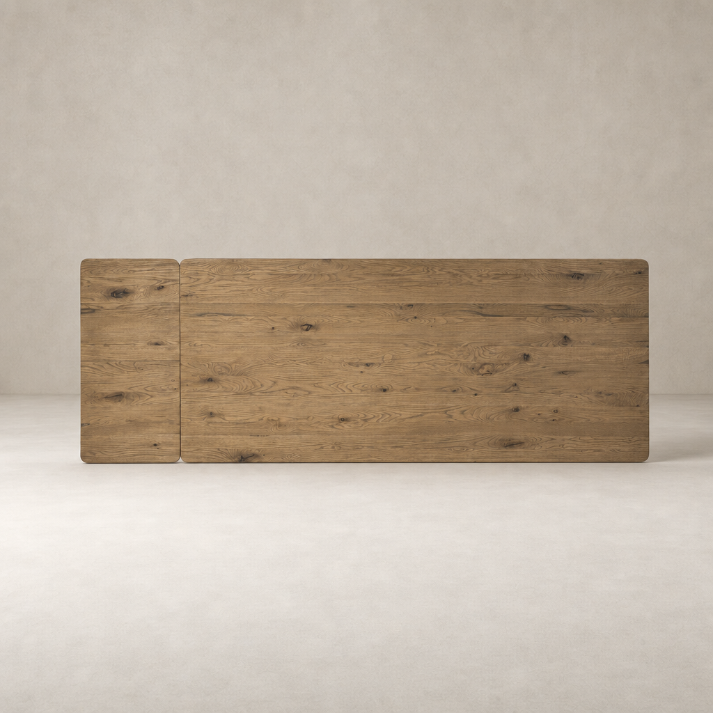 Stratton Extension Dining Table in resawn worn oak, showcasing a spacious, rustic design.