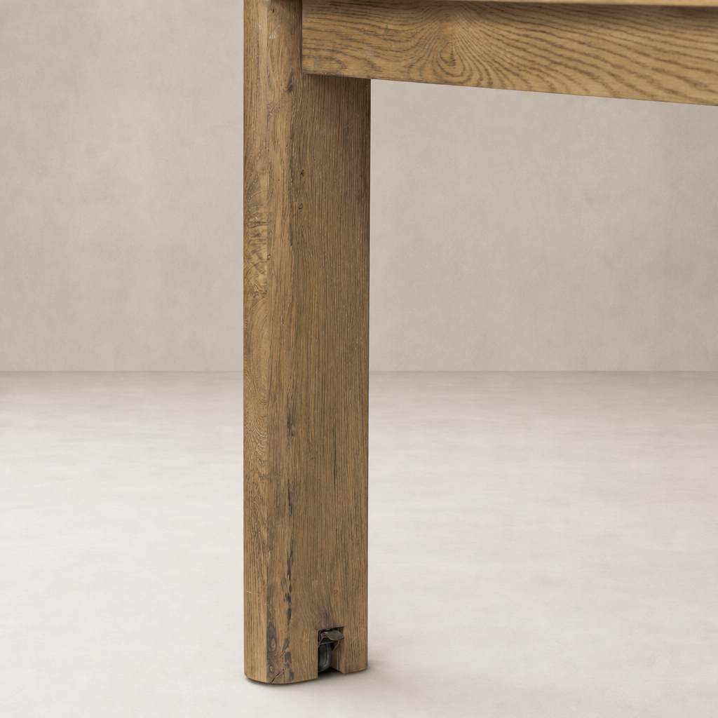 Stratton Extension Dining Table leg detail in Resawn Worn Oak finish showcasing natural texture.