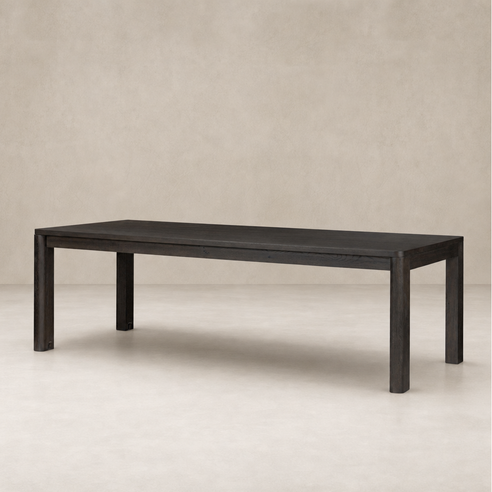 Stratton Extension Dining Table in cracked smoked black with a sleek, minimalist design.