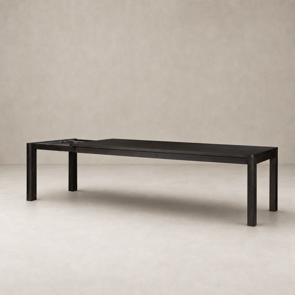Stratton Extension Dining Table in Cracked Smoked Black with sleek, modern design.