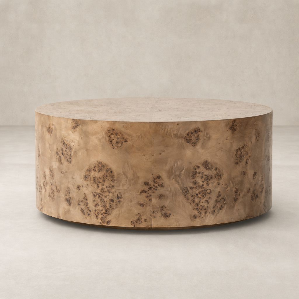 Round Calla Coffee Table in caramel burl with a smooth, elegant finish.
