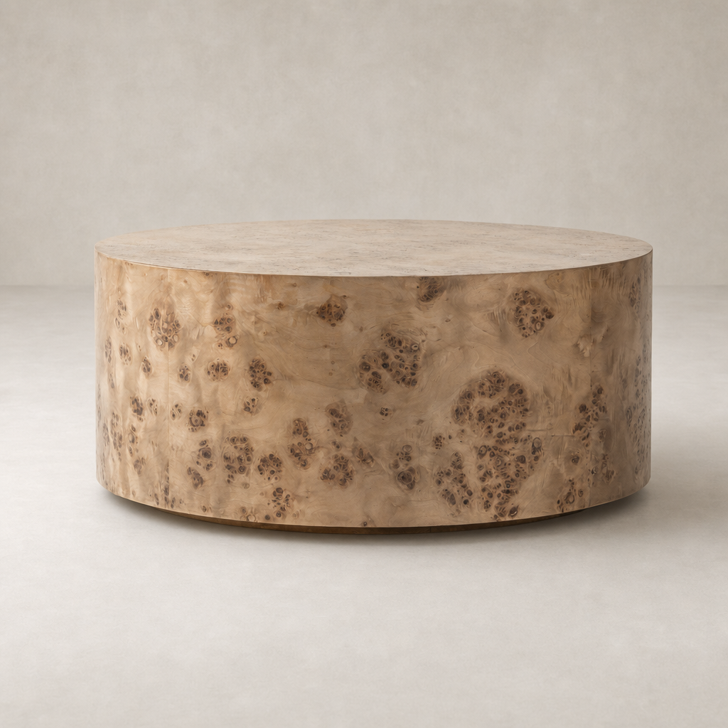 Round Calla Coffee Table in Caramel Burl with unique textured surface.