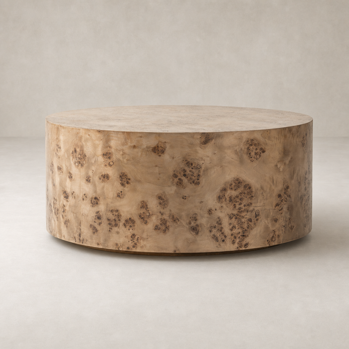 Round Calla Coffee Table in Caramel Burl with unique textured surface.