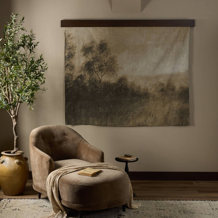 Highland Haze by Aileen Fitzgerald in Hillside Haze, featuring a cozy chair and decorative wall art.