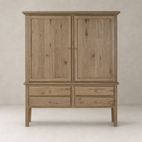 Lagos Cabinet in Worn Oak featuring a classic design with two doors and four drawers.