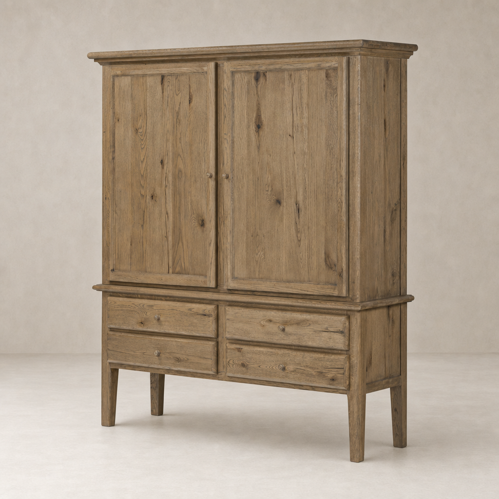 Lagos Cabinet in worn oak featuring two doors and four drawers with a rustic finish.