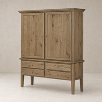 Lagos Cabinet in worn oak featuring two doors and four drawers with a rustic finish.
