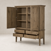 Lagos Cabinet in worn oak featuring open shelving and spacious drawers.