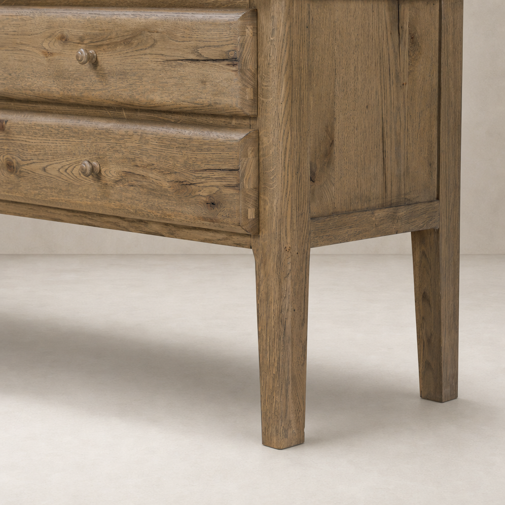 Worn Oak Lagos Cabinet featuring two drawers and sturdy legs in a natural finish.