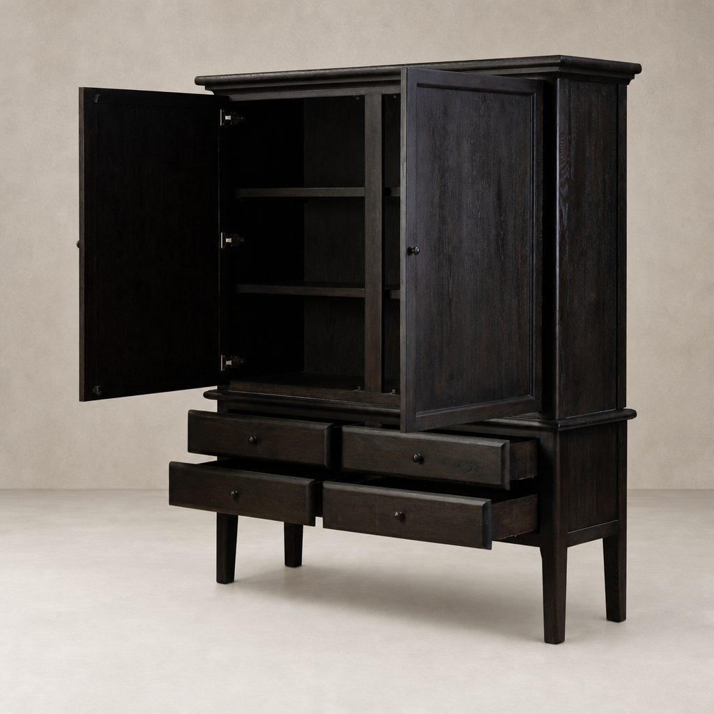Lagos Cabinet in Smoked Black with two open doors and four drawers.