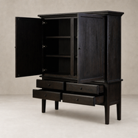 Lagos Cabinet in Smoked Black with two open doors and four drawers.