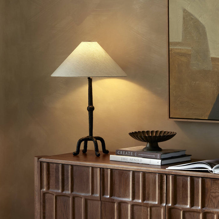 Matte black cast aluminum table lamp with a stylish conical shade.