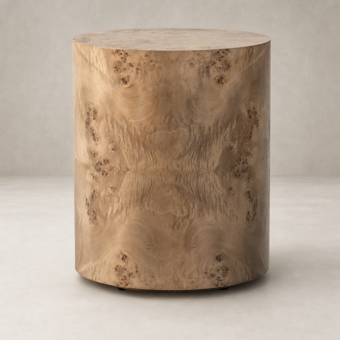 Zuri End Table featuring a sleek cylindrical design with a warm wood finish.