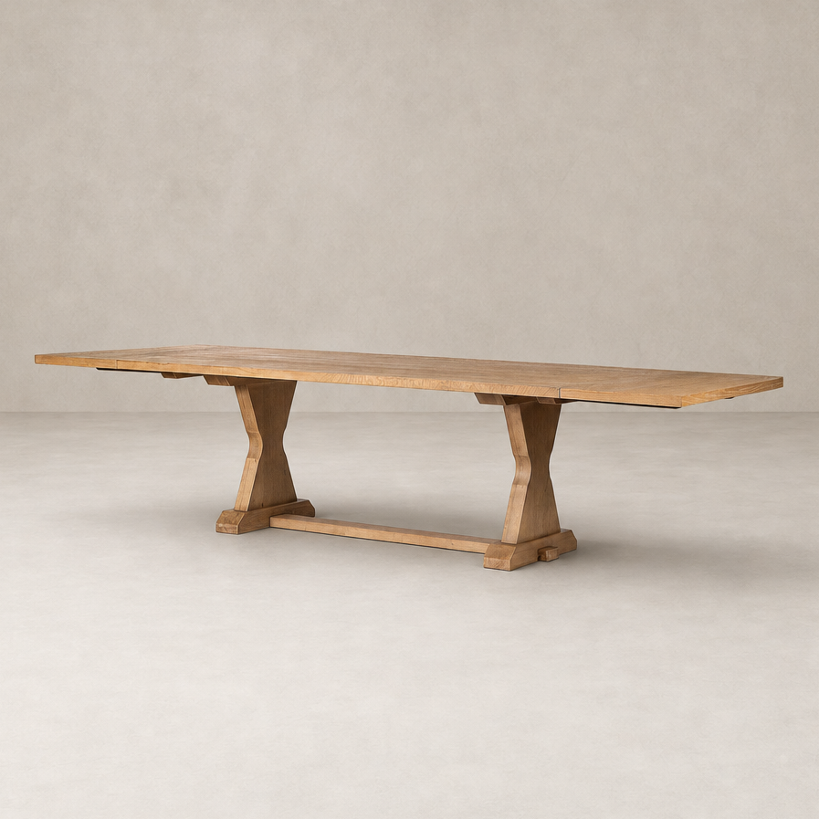 Lucia Extension Dining Table in Worn Oak with a rustic, sturdy design and unique legs.