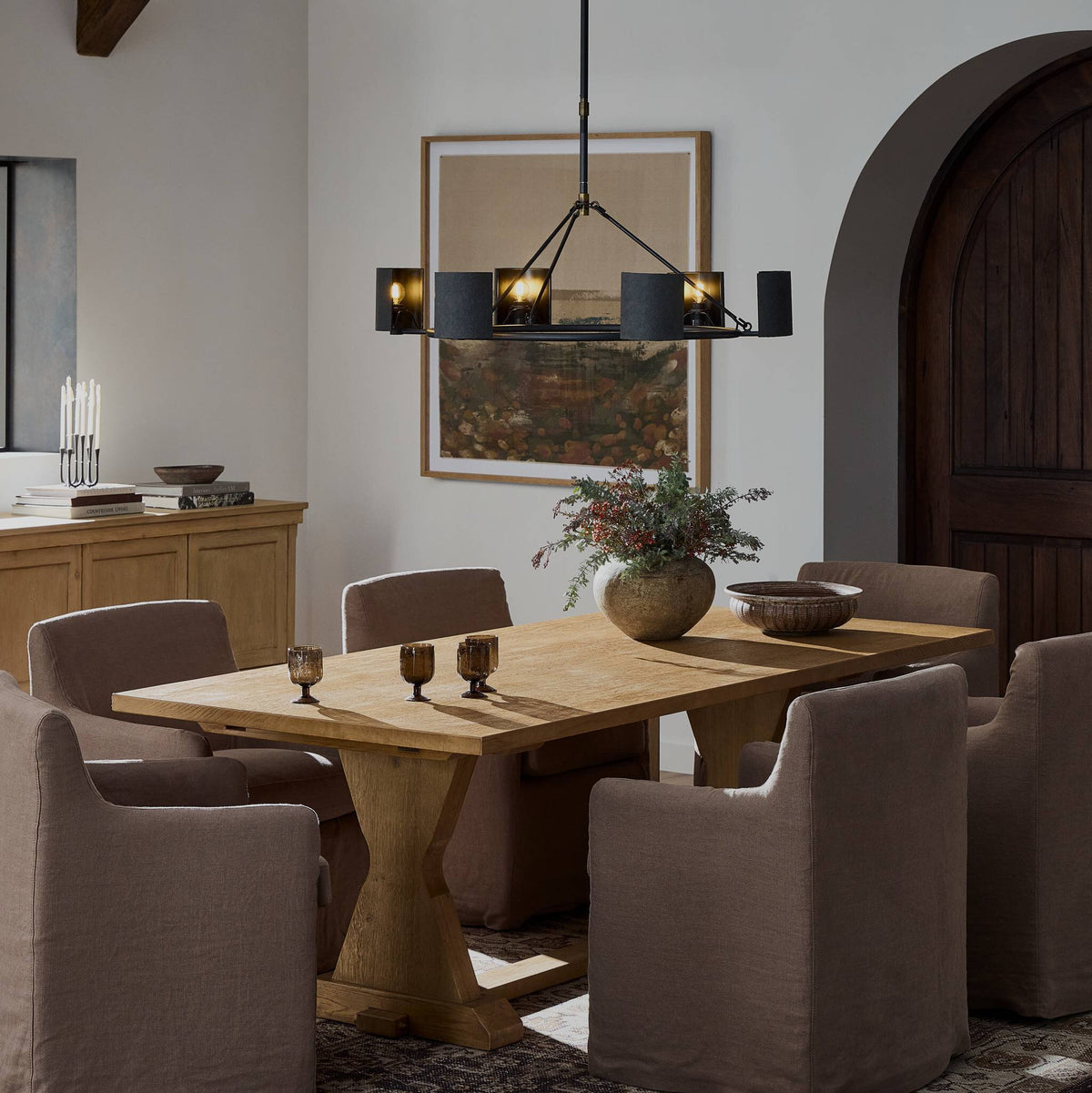 Lucia Extension Dining Table in Worn Oak, featuring a modern design with sturdy base and elegant finish.