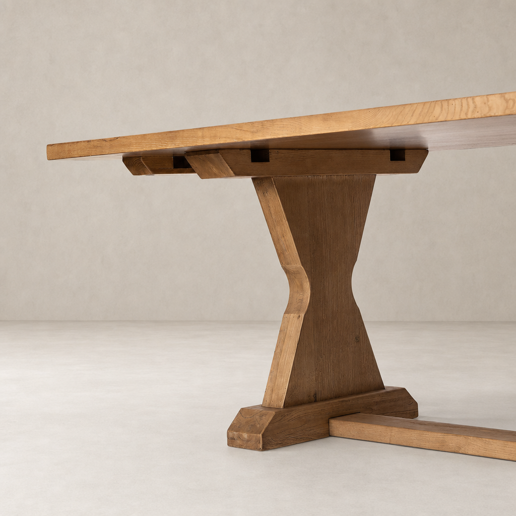 Lucia Extension Dining Table in worn oak, showcasing a sturdy, angled base and smooth finish.