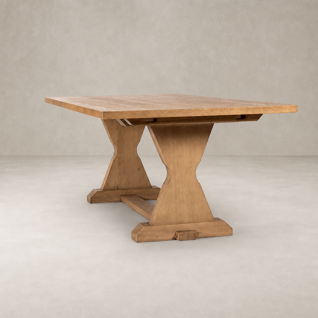 Lucia Extension Dining Table in Worn Oak with a sleek, sturdy design and unique base.