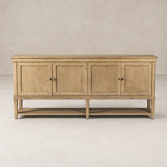 Henley Sideboard in aged light pine with four doors and a lower shelf.