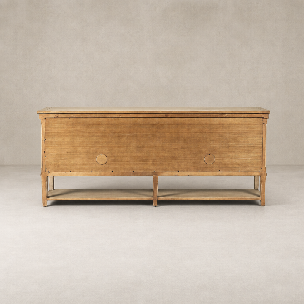 Aged light pine Henley sideboard with a sleek minimalist design and open shelf.