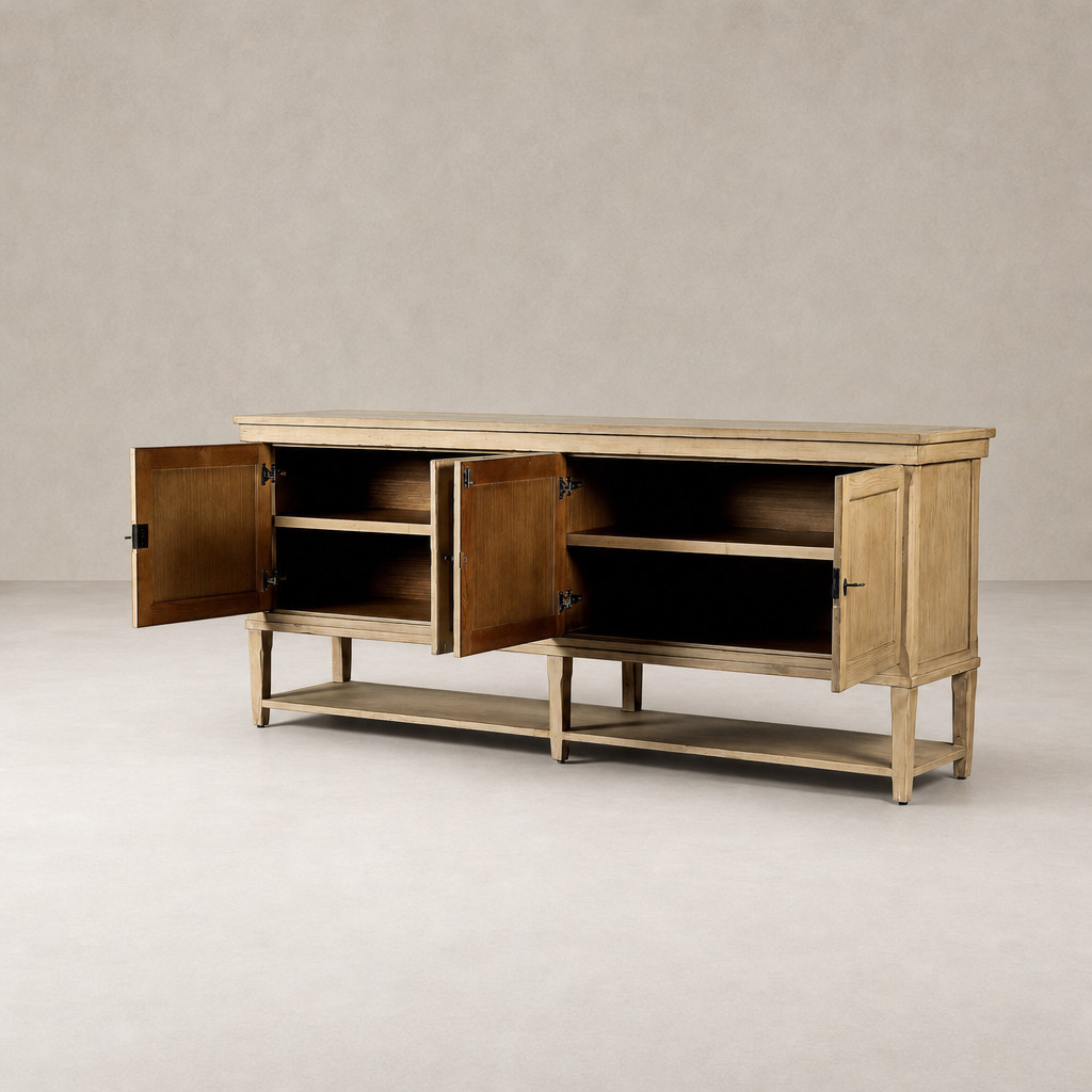 Henley Sideboard in aged light pine featuring open storage and cabinet doors.