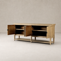 Henley Sideboard in aged light pine featuring open storage and cabinet doors.
