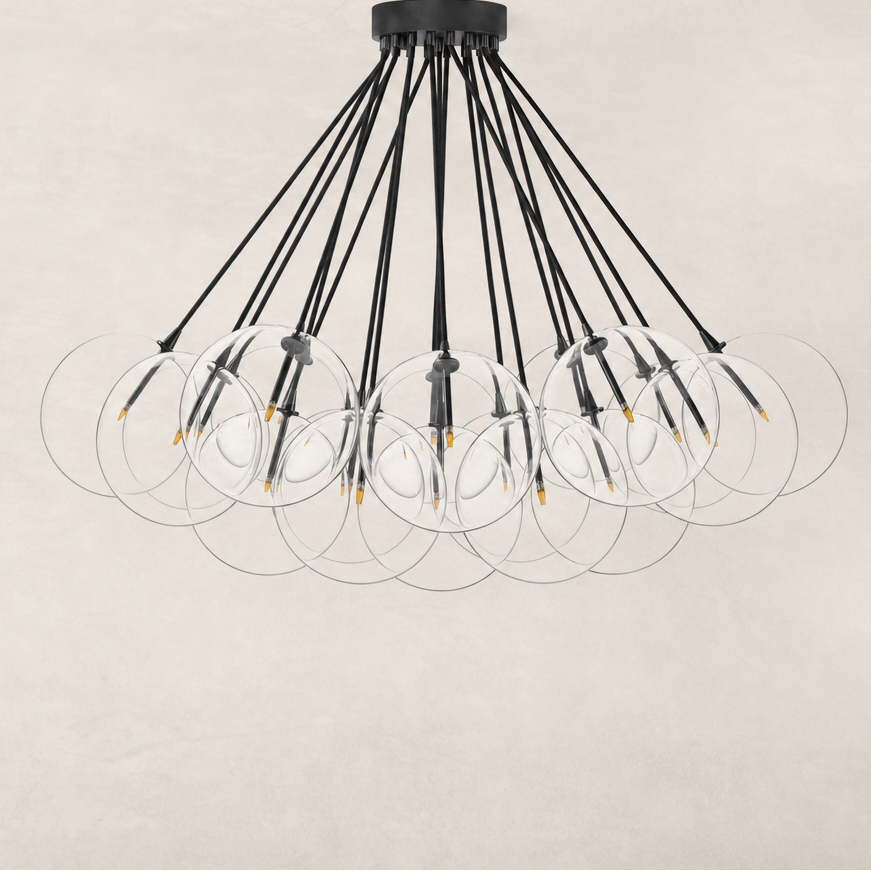 Modern black gunmetal chandelier with multiple circular glass shades.