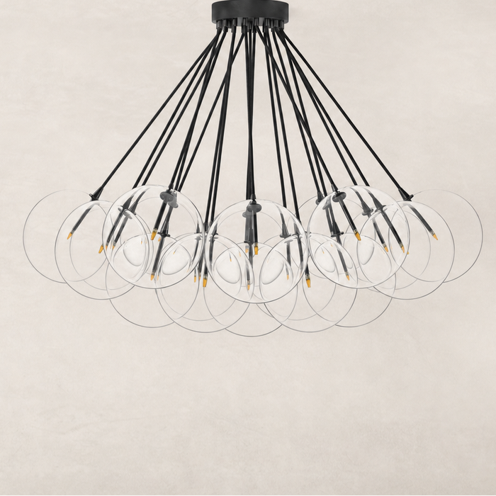 Modern black gunmetal chandelier with multiple circular glass shades.