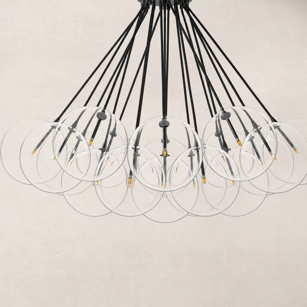 Black gunmetal chandelier with transparent circular shades and sleek design.