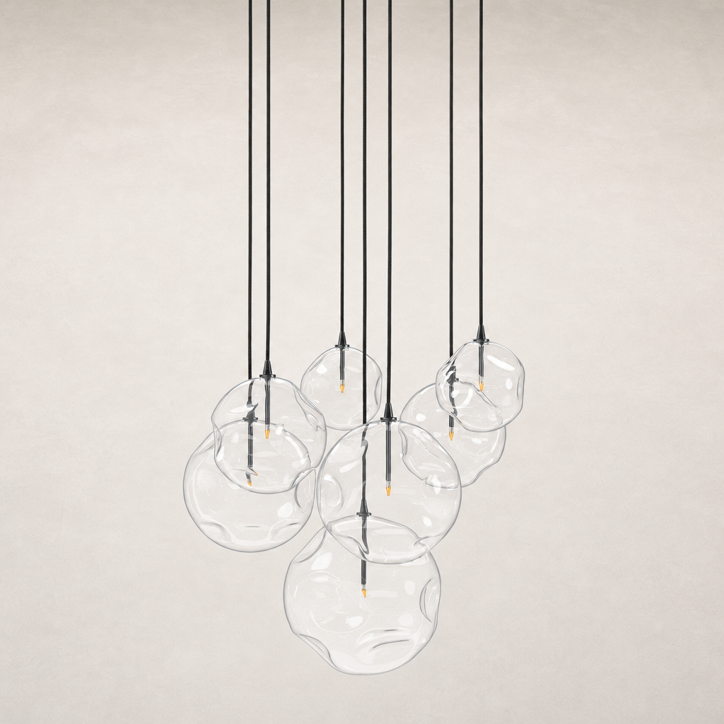 Black gunmetal 7 Mix chandelier featuring glass bubble shades, perfect for modern decor.