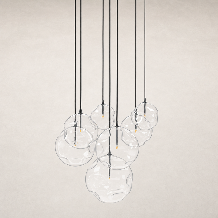 Black gunmetal 7 Mix chandelier featuring glass bubble shades, perfect for modern decor.