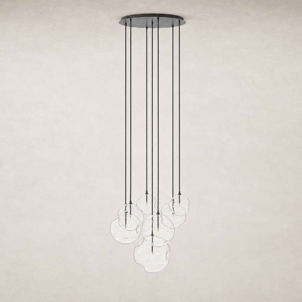 Black gunmetal 7 mix chandelier with clear, organic-shaped glass shades.