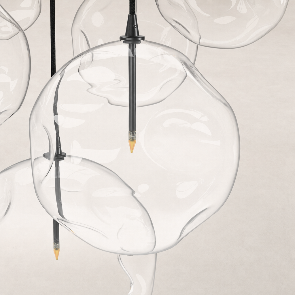 Black gunmetal 7 Mix Chandelier featuring round glass bubble shades.