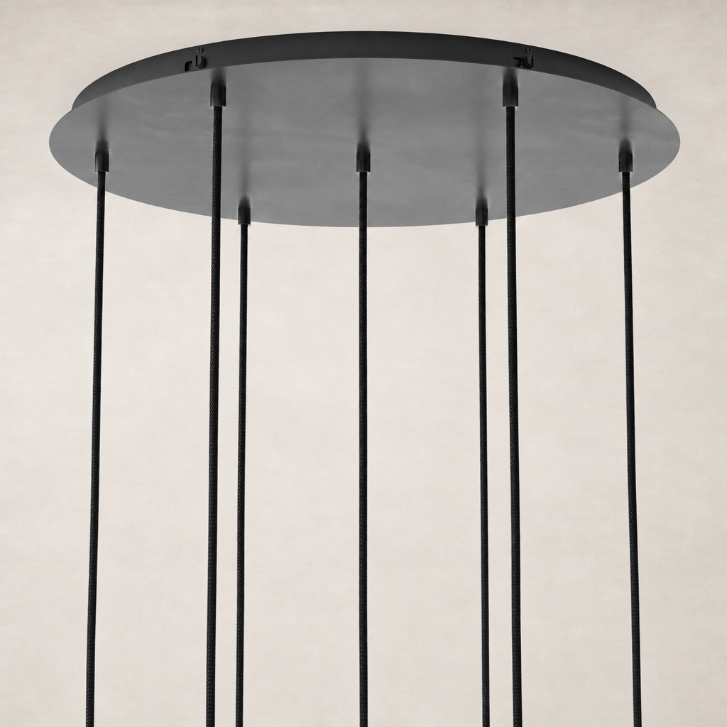 Black gunmetal 7 Mix Chandelier showcasing a sleek, round ceiling mount with hanging cables.