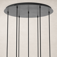 Black gunmetal 7 Mix Chandelier showcasing a sleek, round ceiling mount with hanging cables.