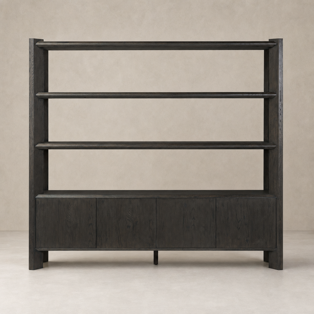Zuma Wide Bookshelf in Smoked Black Oak with spacious shelves and sleek design.
