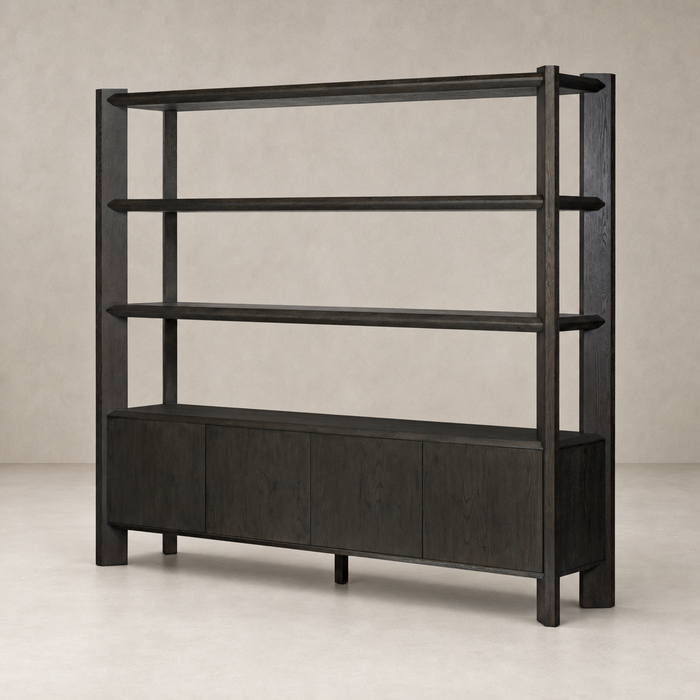 Zuma Wide Bookshelf in Smoked Black Oak with open shelves and cabinet base.