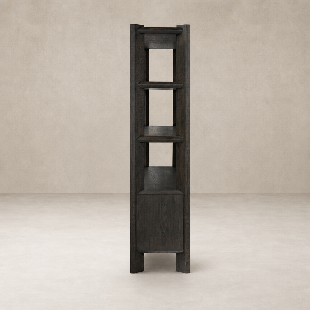 Zuma Wide Bookshelf in Smoked Black Oak featuring open shelves and a sleek design.