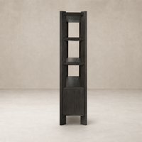 Zuma Wide Bookshelf in Smoked Black Oak featuring open shelves and a sleek design.
