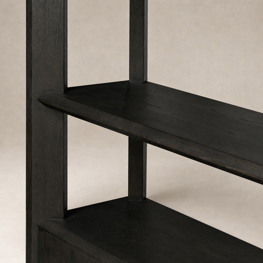 Zuma Wide Bookshelf in Smoked Black Oak featuring a sleek, minimalist design and open shelving.