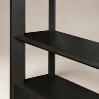 Zuma Wide Bookshelf in Smoked Black Oak featuring a sleek, minimalist design and open shelving.