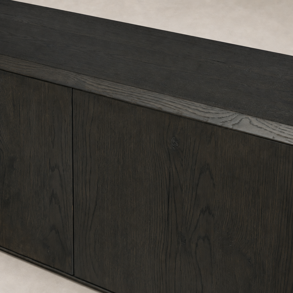 Zuma Wide Bookshelf in Smoked Black Oak with smooth texture and modern design.