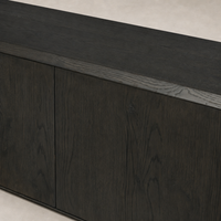 Zuma Wide Bookshelf in Smoked Black Oak with smooth texture and modern design.