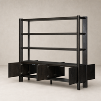 Zuma Wide Bookshelf in Smoked Black Oak with open shelves and storage cabinets.