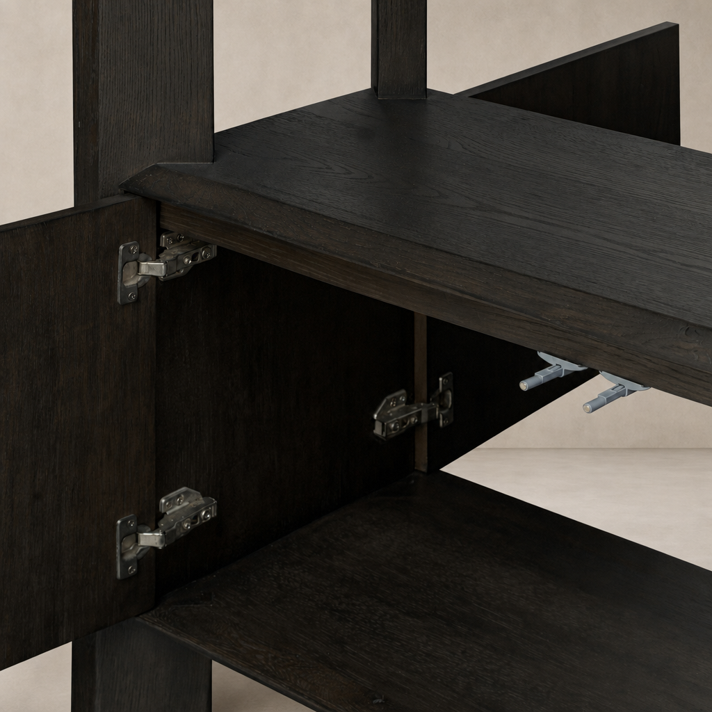 Detail shot of the Zuma Wide Bookshelf in smoked black oak highlighting its sturdy construction and hardware.