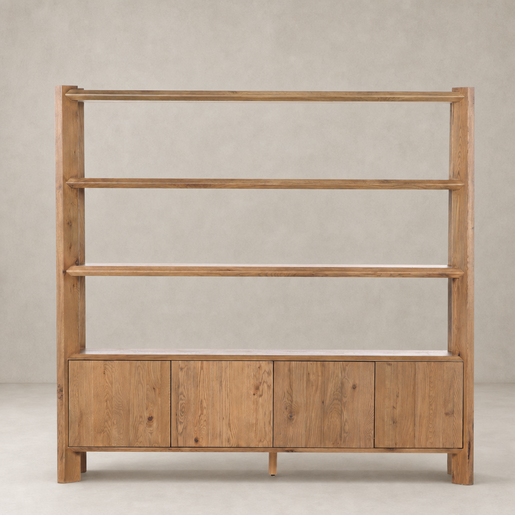 Zuma Wide Bookshelf in Worn Oak featuring open shelving and closed storage.