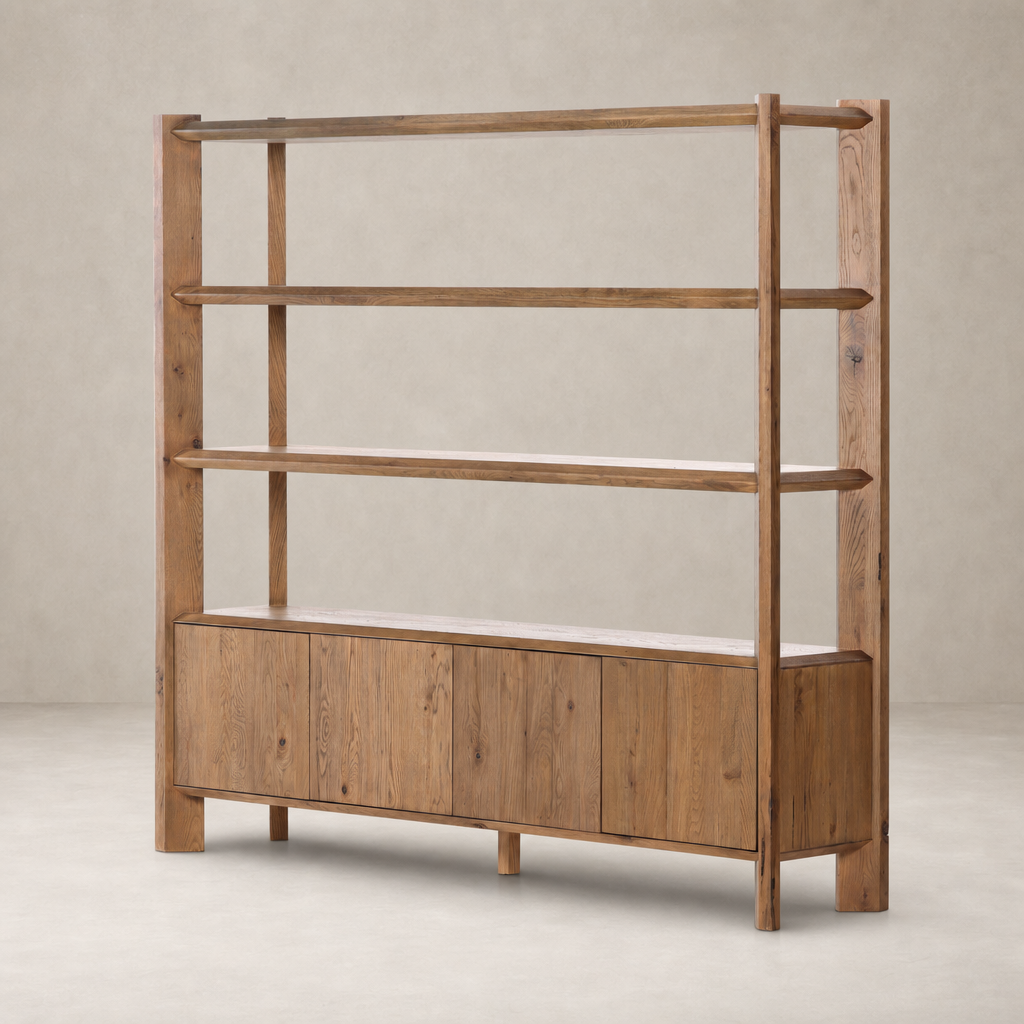 Zuma Wide Bookshelf in Worn Oak featuring open shelving and cabinet storage.