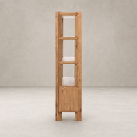 Zuma Wide Bookshelf in worn oak, featuring four open shelves and a closed cabinet.